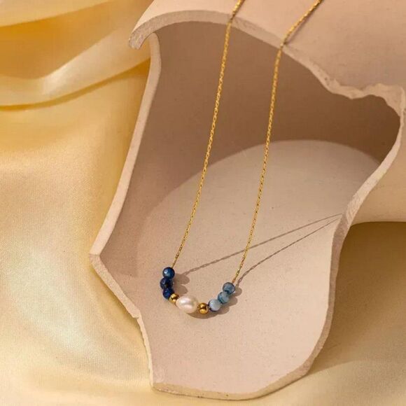 Vintage Style Natural Stone Freshwater Pearl Necklace with Blue Stones - Picture 3 of 6